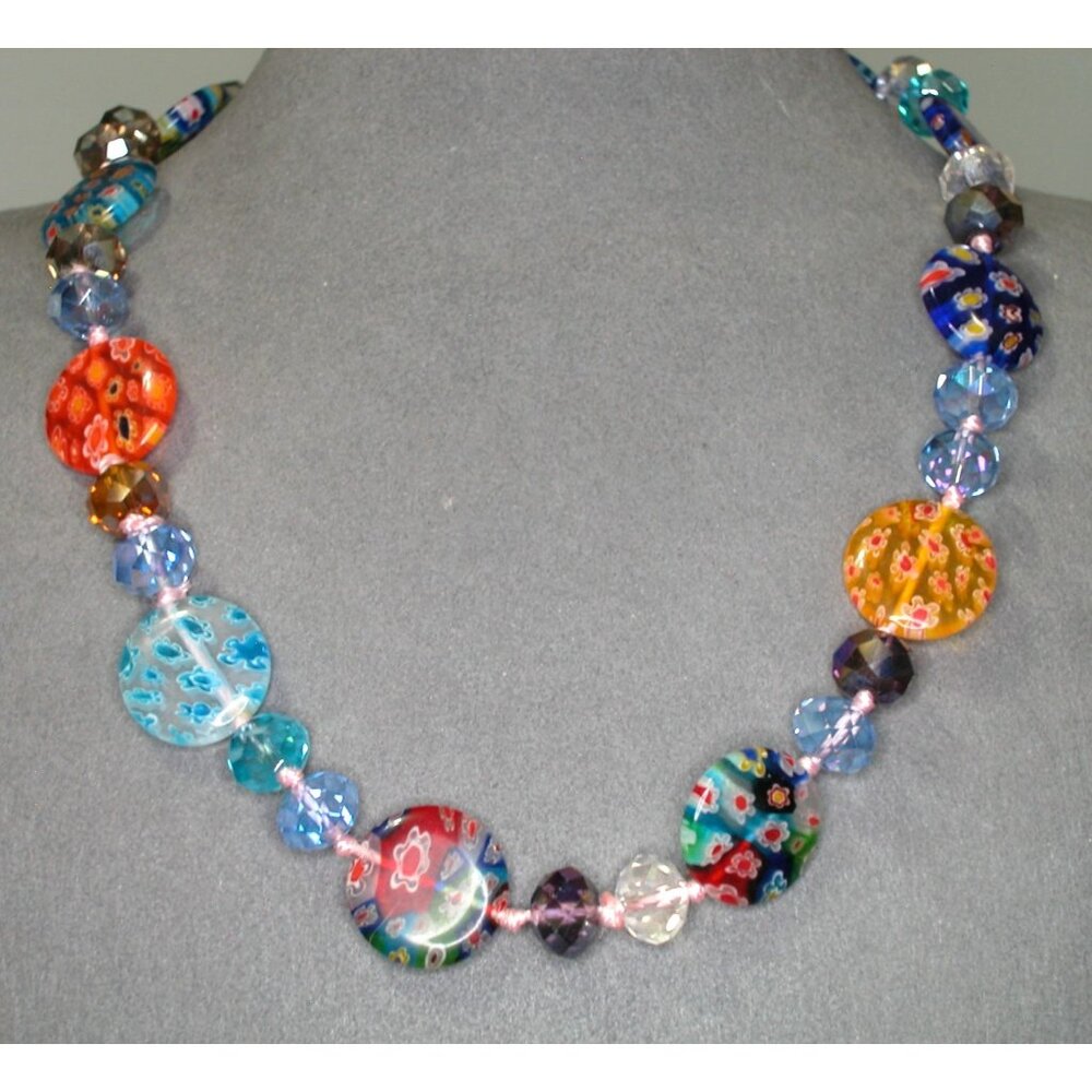 Millefiori & Crystal Beaded Necklace With Lobster Clasp / 2" Extension